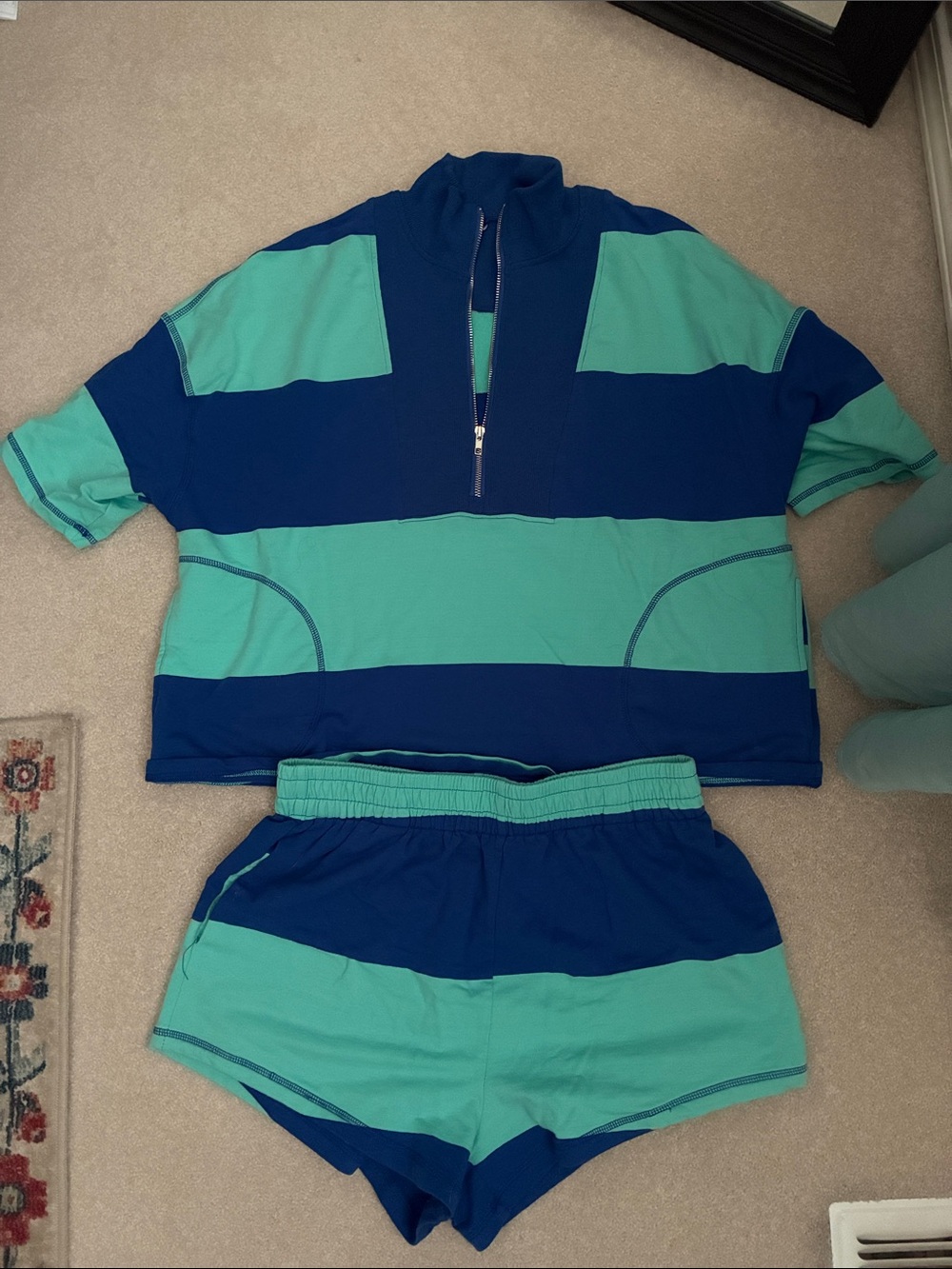 Women's Short Sleeve Striped Tee and Short Set in Teal and Navy